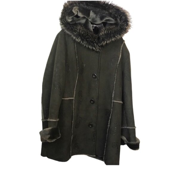 PIZAZZ  Vintage Y2K Faux Fur Shearling Hood Paisley Coat Jacket Cozy Fur Lined L - Picture 1 of 16